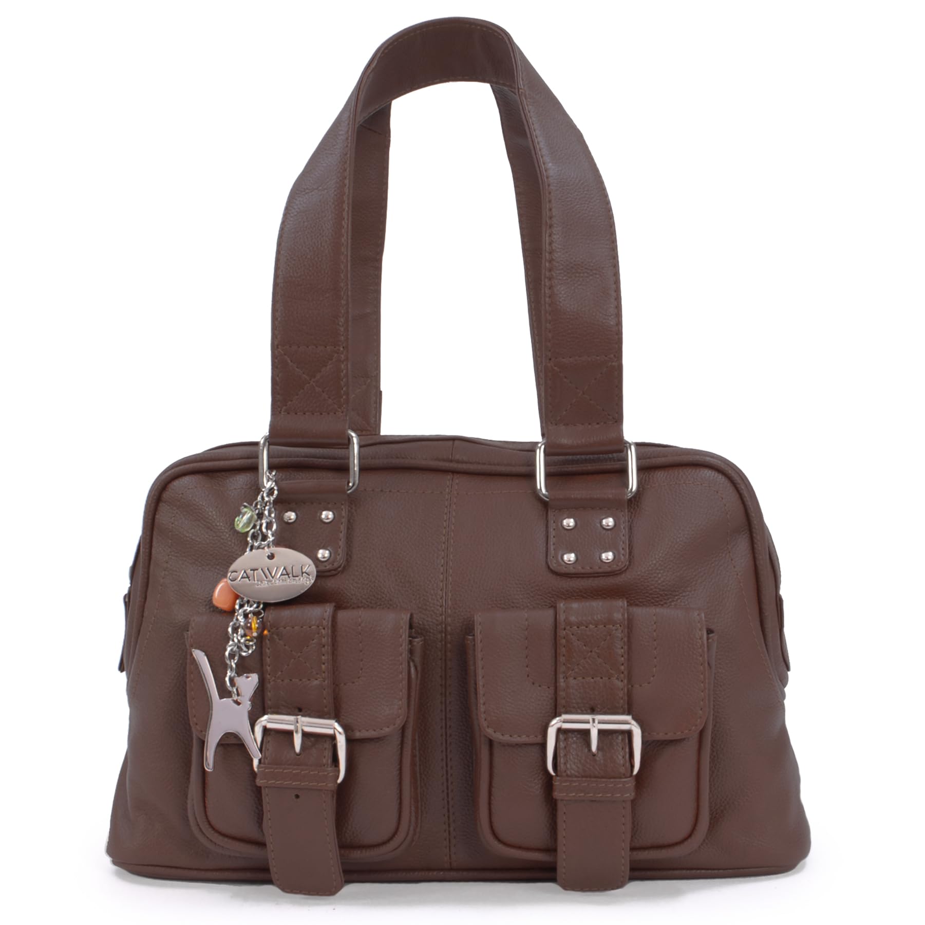 Catwalk Collection Handbags - Medium Leather Top Handle Bag For Women - Handbag With Multiple Pockets And Compartments - Caroline - Dark Brown