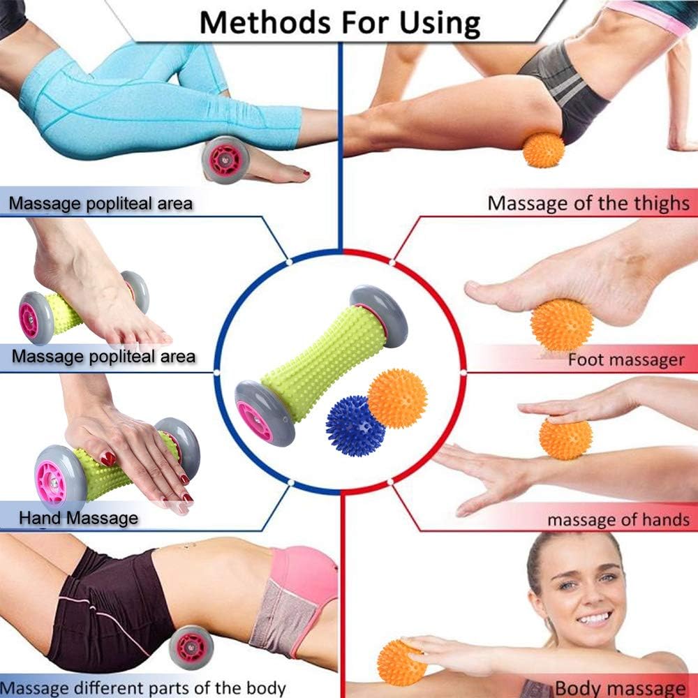 Foot Roller Massage Ball for Relief Plantar Fasciitis and Reflexology Massager for Deep Tissue Acupresssure Recovery for PLA Relax Foot Back Leg Hand Tight Muscle, 1 roller and 2 Spiky Balls: Health & Personal Care