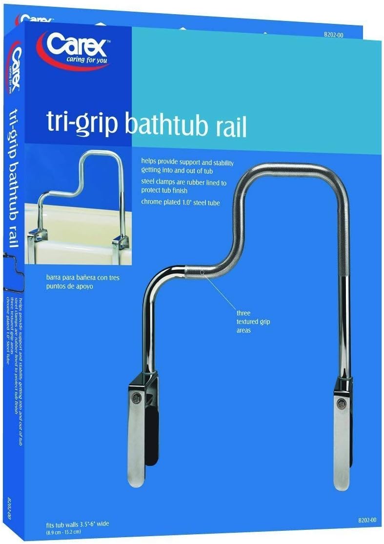 Carex Tri-Grip Bathtub Rail with Chrome Finish - Bathtub Grab Bar Safety Bar For Seniors and Handicap - For Assistance Getting In and Out of Tub, Easy to Install on Most Tubs: Health & Personal Care