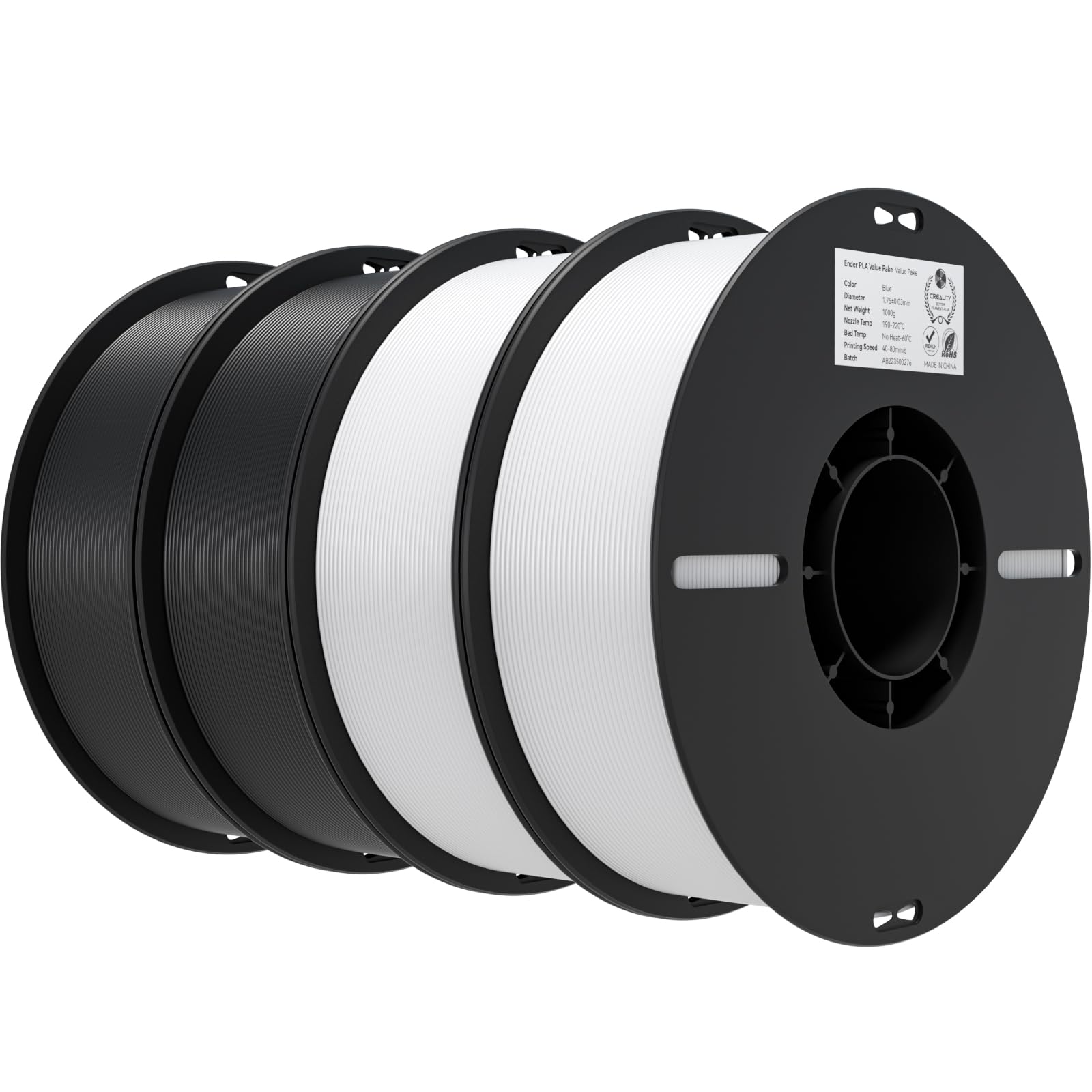 Photo 1 of Creality 3D Printer Filament 1.75mm 4KG, PLA Filament Bulk +/- 0.02mm, 4 Pack 1kg Spool(2.2lbs) 3D Printing Filament Fits for Most FDM 3D Printers, White and Black