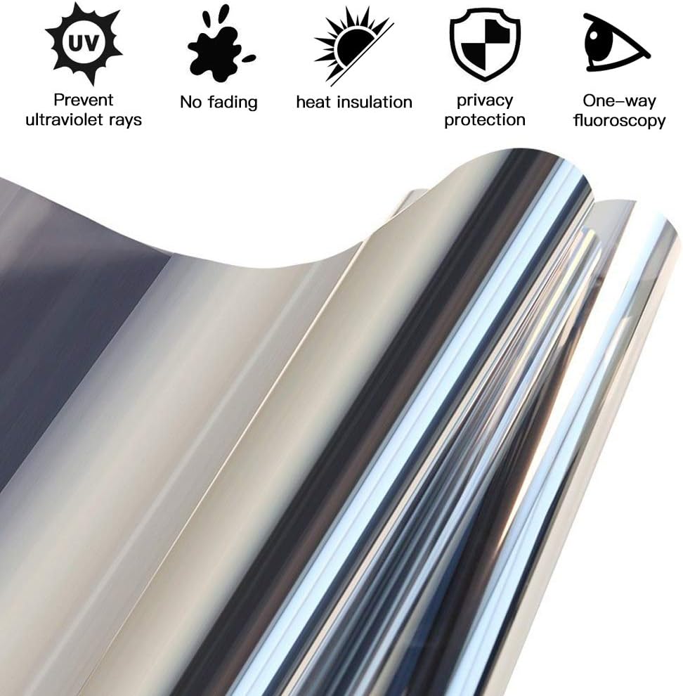 Privacy Window Film One Way Mirror Non-Adhesive for Glass Window Cling Static Films No Glue Heat Control Anti UV Tint for Home and Office Black Silver (23.6 Inch x 13.1 Feet)