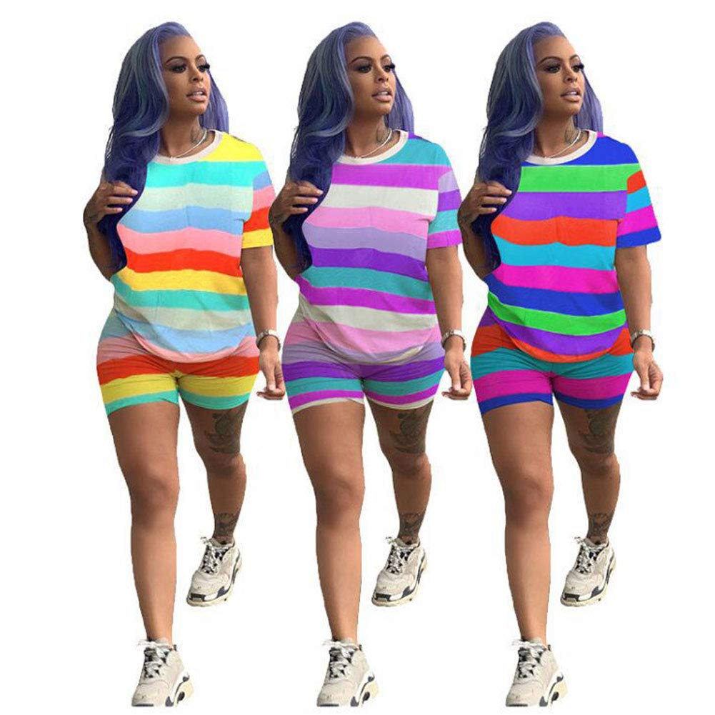 Women Sexy 2 Piece Outfits - Stripes Shorts Sets Rompers Short Sleeve Tops Yellow L