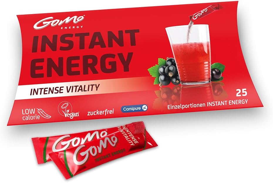 GoMo ENERGY® sugarfree and vegan Energy Drink│ L-Carnitin Energy Booster for increased focus and better performance│ High doses of vitamin B12, Caffeine, Guarana and Black Elderberry extract improve brain function and reduce tiredness │ Acai - Black Current flavour - 25 single serve portions