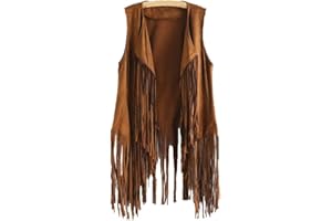 Womens Fringe Vest 70s Hippie Costume Sleeveless Cowgirl Western Outfits Faux Suede Tassel Cardigan Waistcoats
