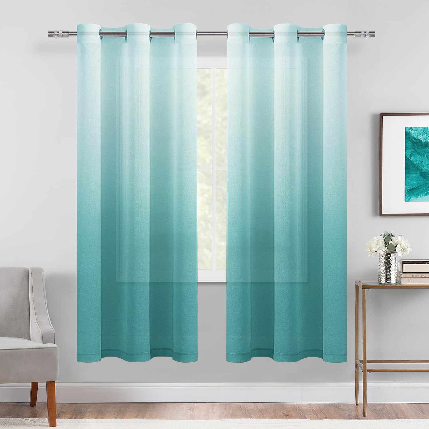 DWCN Faux Linen Ombre Sheer Curtains - Gradient Semi Voile Drapes Bedroom and Living Room Curtains, Set of 2 Grommet Top Window Curtain Panels, 42 x 63 Inch Length, Teal