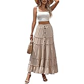Women’s Boho Maxi Skirt High Waist Tiered Ruffle Long Skirts with Buttons and Drawstring Summer Casual Vacation Outfit