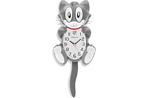 Soobest 18 Inch Large 3D Cat Wall Clock Battery Operated with Moving Eyes and Pendulum Tail, Retro Kids Analog Wall Clock for Gift Decor Gray