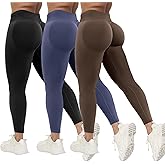 Coume 3 Pcs Womens Workout Leggings Butt Lifting Seamless Scrunch Yoga Pants Tummy Compression Medium Waist Tights