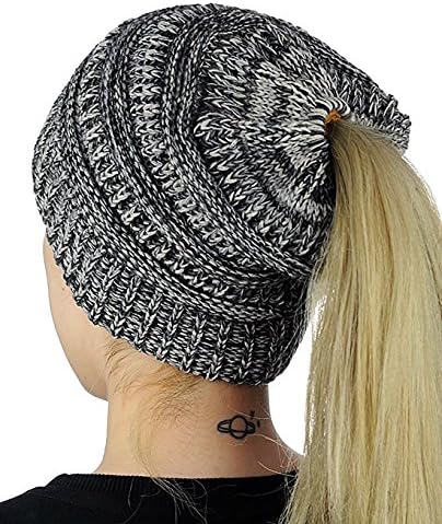 HOSONG Womens Ponytail Cap Warm and Soft Beanie Knitted Hat (One Size, Black+Gray)