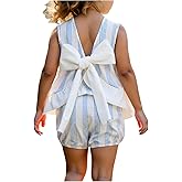 MakeMeChic Girl's 2 Piece Cute Outfit Striped Bow Back Ruffle Tank Tops and Bubble Shorts Set