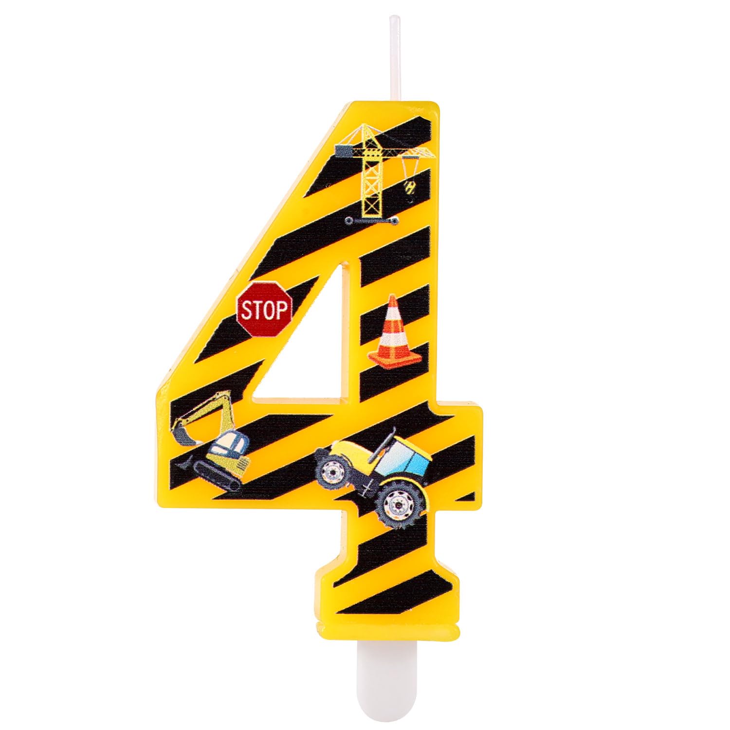 Photo 1 of Construction Birthday Candle, Happy Birthday Candles Numbers Construction Cake Topper Yellow and Black Striped Candles for Boys Construction Birthday Party Supplies Decorations (Number 4)