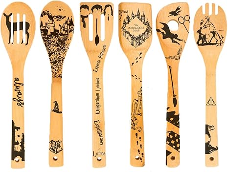 6 Pcs Organic Bamboo Spoons Harry Potter Themed Cooking Serving Utensils Set Magic Pattern Burned