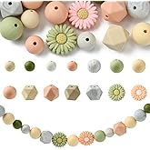 Echoed Elegance 48Pcs 14 Styles Green Pink Daisy Loose Silicone Focal Bulk Set Hexagon Beads, 20mm Daisy Beads,2 Colors Flower for Necklace Bracelet Pens Making