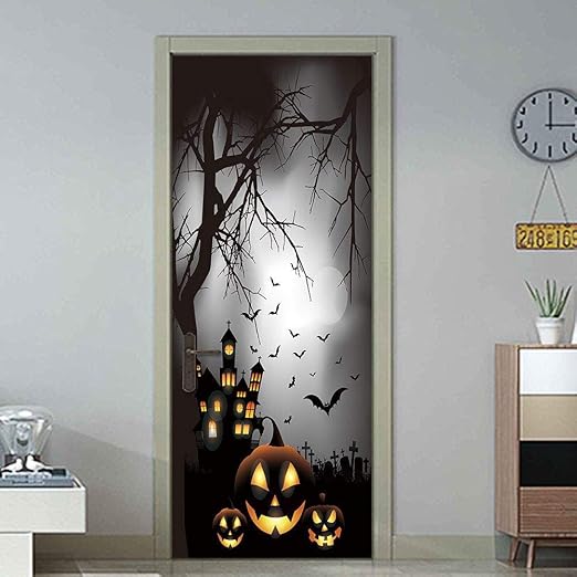 3d Pegatinas De Puerta Halloween Prank Pumpkin Manor 95x215cm