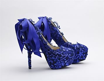 Szxc Scarpe Da Corte Delle Donne Scarpe Da Sposa Di Arco Blu Scarpe Da Donna In Pizzo Scarpe Da Sposa In Tacco Alto 37 Schedule 14cm With High Amazon It Auto