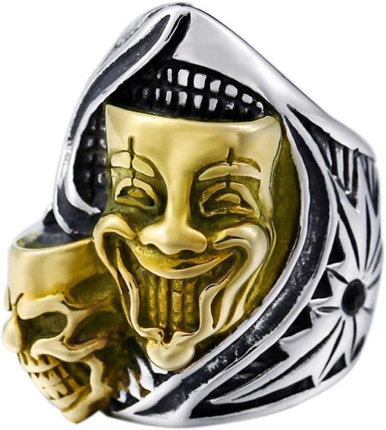 XBOMEN Golden Clown Double Skulls Jokers 316L Stainless Steel Cool Mens Knight Ring