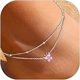 ChicSilver 925 Sterling Silver Anklets for Women Waterproof, Sparkling Birthstone Ankle Bracelets for Women, Adjustable Layered Butterfly Anklet Summer Beach Jewelry