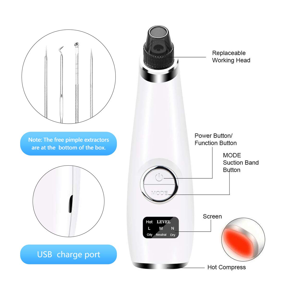 Blackhead Remover Vacuum - Ralthy Electric Blackhead Removal Tools Pore Cleaner Extractor Fast USB Rechargeable Pore Vacuum Including 4 Patterns and 5 Suction Probes for Women and Men [Hot Compress]: Beauty
