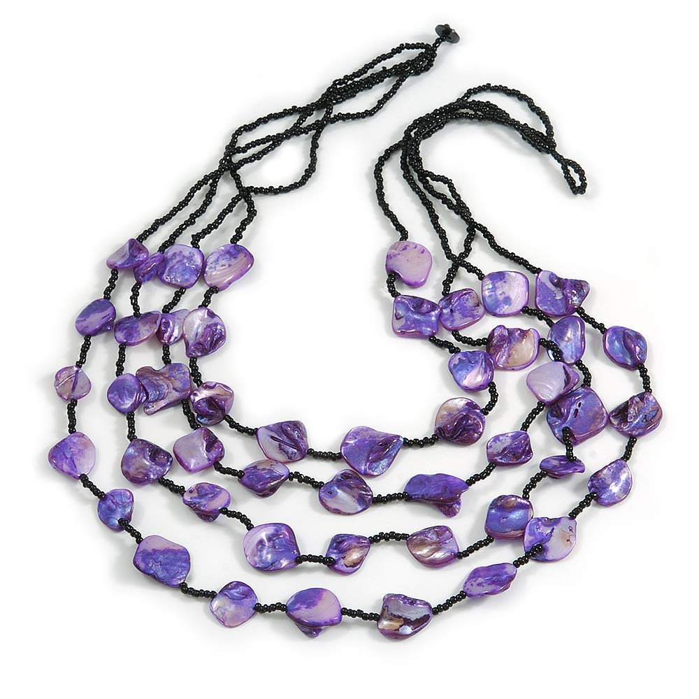 Avalaya Multistrand Purple Sea Shell and Black Glass Bead Long Necklace/80cm L
