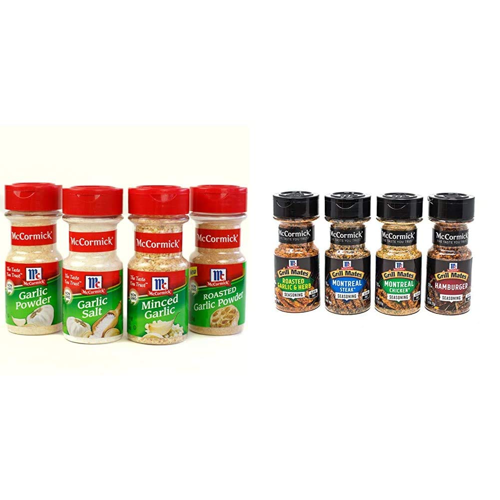 McCormick Garlic Spice Variety Pack (Garlic Powder, Minced Garlic, Roasted Garlic Powder, Garlic Salt), 4 Count & McCormick Grill Mates Spices, Everyday Grilling Variety Pack, 4 Count