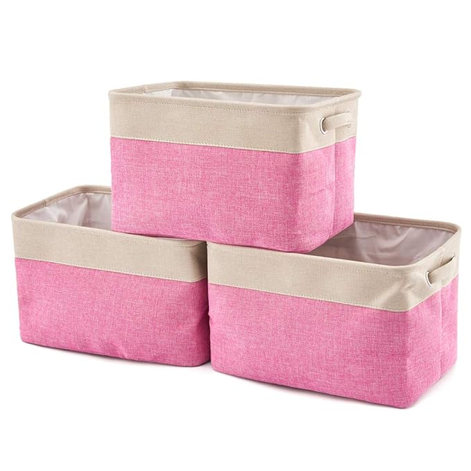 EZOWare Faltbare Aufbewahrungsbox aus Leinen Aufbewahrungskorb mit Griffen – 3er Set (Creme/Rosa)