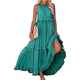 Boho Halter Maxi Dresses for Women Sleeveless Ruffle Vacation Beach Flowy Dress Summer Party Boho Maxi Dress