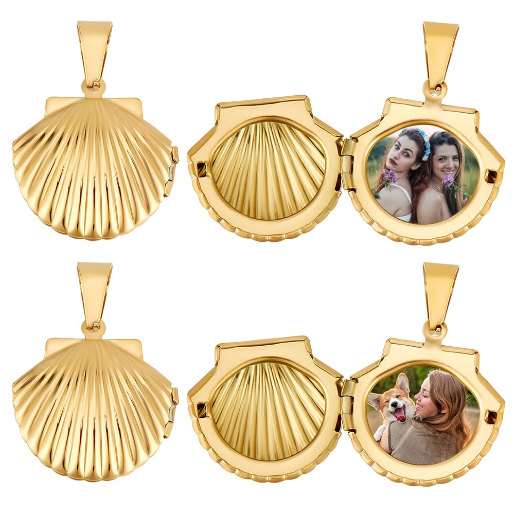 Beebeecraft 4Pcs/Box Photo Frame Charms 18K Gold Plated Stainless Steel Scallop Locket Pendants Charm for Jewellery Making DIY Craft