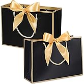 FdcZeyxior 2 PCS Black Gift Bags with Handles, Elegant Paper Gift Bags Thank You Gifts Bag with Bow Ribbon for Wedding Graduation Mothers Day Birthday Bridesmaid Groomsmen Party (11"X 7.9"X3.9")