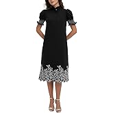 Womens Casual Shirt Dress Button Down Short Sleeve Midi Dress Flower Embroidery Slit Spring Summer Fall Fashion Dresses
