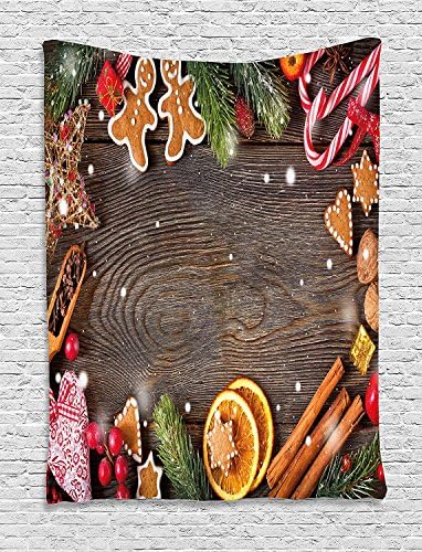 XHFITCLtd Gingerbread Man Tapestry, Festive Christmas Frame with Spices Biscuits Decorative Elements on Table, Wall Hanging for Bedroom Living Room Dorm, 60 W X 80 L Inches, Multicolor