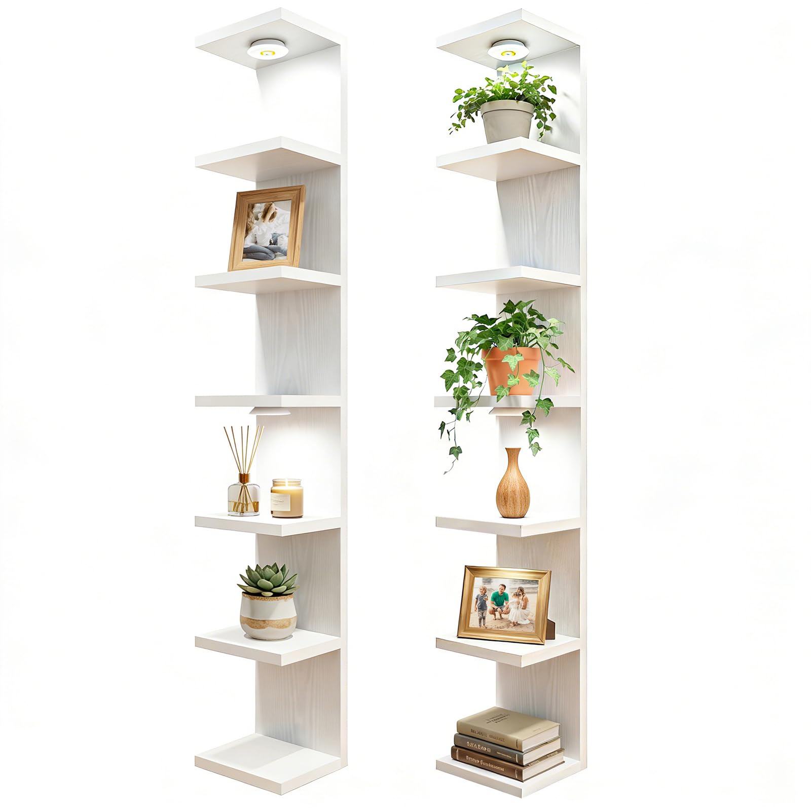 Fixwal 7 Tier Wall Mounted Shelf Set of 2 White Lack Wall Shelf with LED Lights Floating Shelves for Home Decor Organizer Display