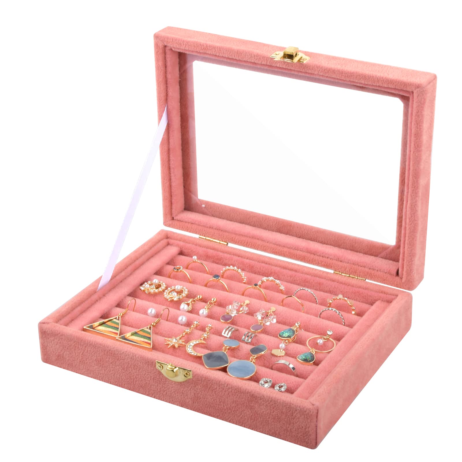 7 Slots Jewellery Box for Ring Earring, Velvet Jewelry Display Tray, Jewelry Storage Case Organiser with Clear Glass Lid for Women Girls Stud Earring Holder (15x20cm, Pink)