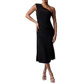Lulus Greta One Shoulder Women's Cocktail Midi Dress | One Shoulder Elegant Attire, Spring Wedding Guest &amp; Cocktail Party Midi Dress, Classy Engagement Party &amp; Evening Party Attire