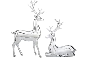 MonyPlay Modern Couple Reindeer Figurine Statue 2PCS Silver Deer Sculpture Office Decoration Resin Elk Desktop Ornament Home Table Craft (Silver, 2pcs)