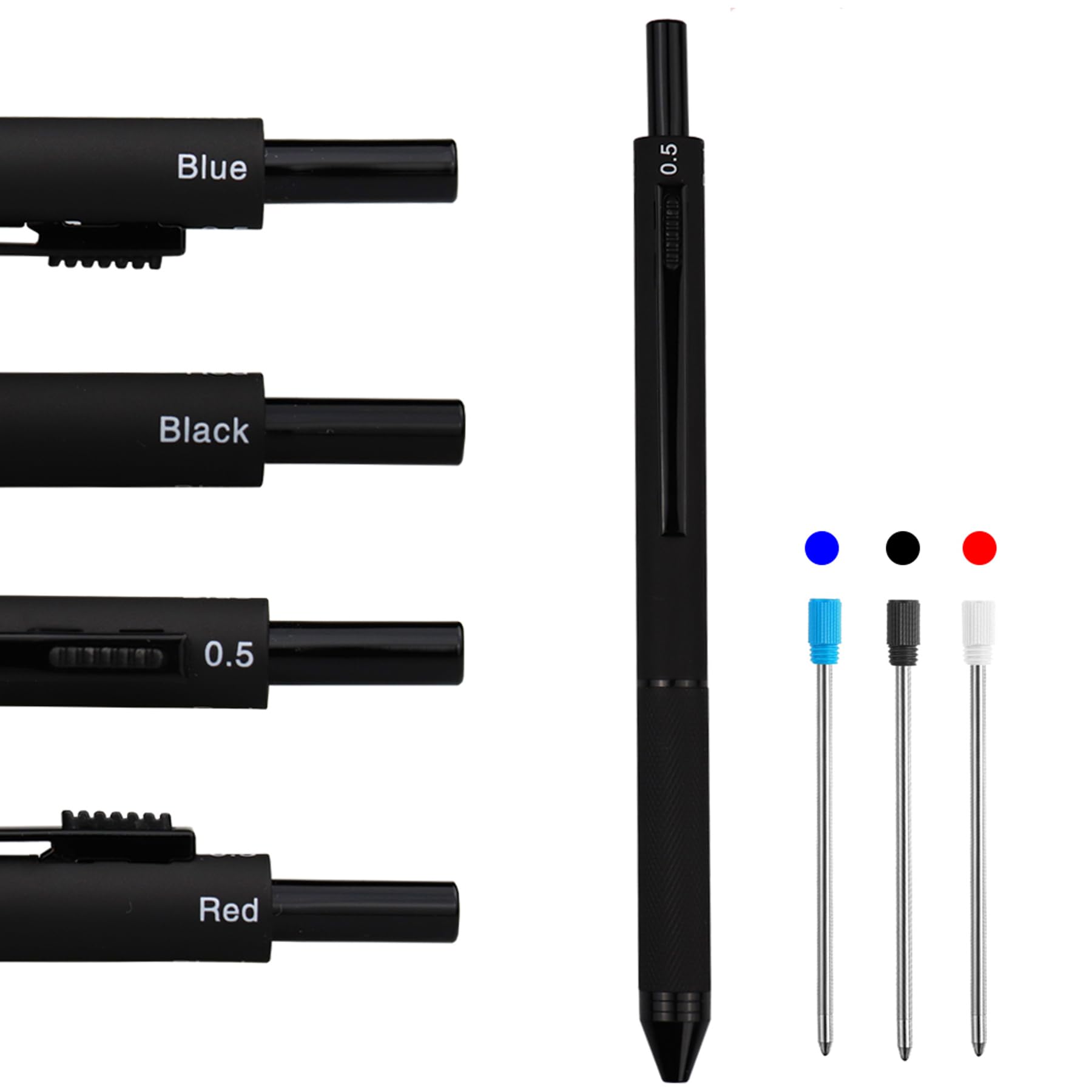 HeTaoCat 4 in 1 Multicolor pen, Metal Cased Multifunction Pen, 0.5mm Mechanical Pencil, Red, Blue and Black (Black)
