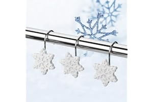 FITNATE 12PCS Anti-Rust Snowflake Shower Curtain Hooks for Winter, Thanksgiving, Christmas, Resin Decorative Curtain Hooks Used in Bathroom, Bedroom and Living Room, White