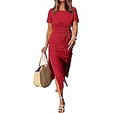 ANRABESS Women's 2026 Summer Maxi Tshirt Dress Short Sleeve Crewneck Tie Waist Casual Slim Fit Slit Spring Long Beach Dresses