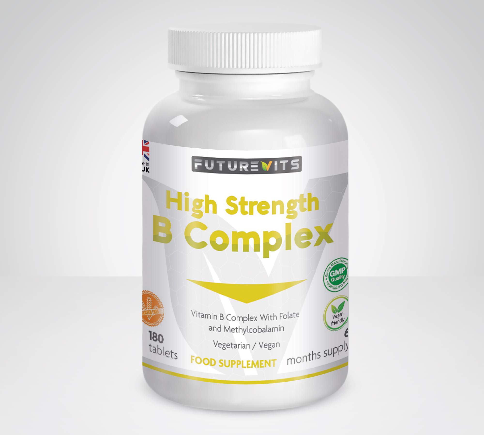 Vitamin B Complex 180 Tablets 6 Month Supply Contains 8 B Vitamins in 1 Tablet, Vitamins B1, B2, B3, B5, B6, B12, Biotin & Folic Acid High Strength Vegan & Gluten Friendly Made UK Futurevits