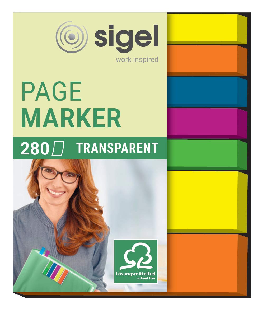 SIGEL HN616 Transparent Index Page Markers, 7 x 40 strips, Blue/Pink/Yellow/Orange/Green