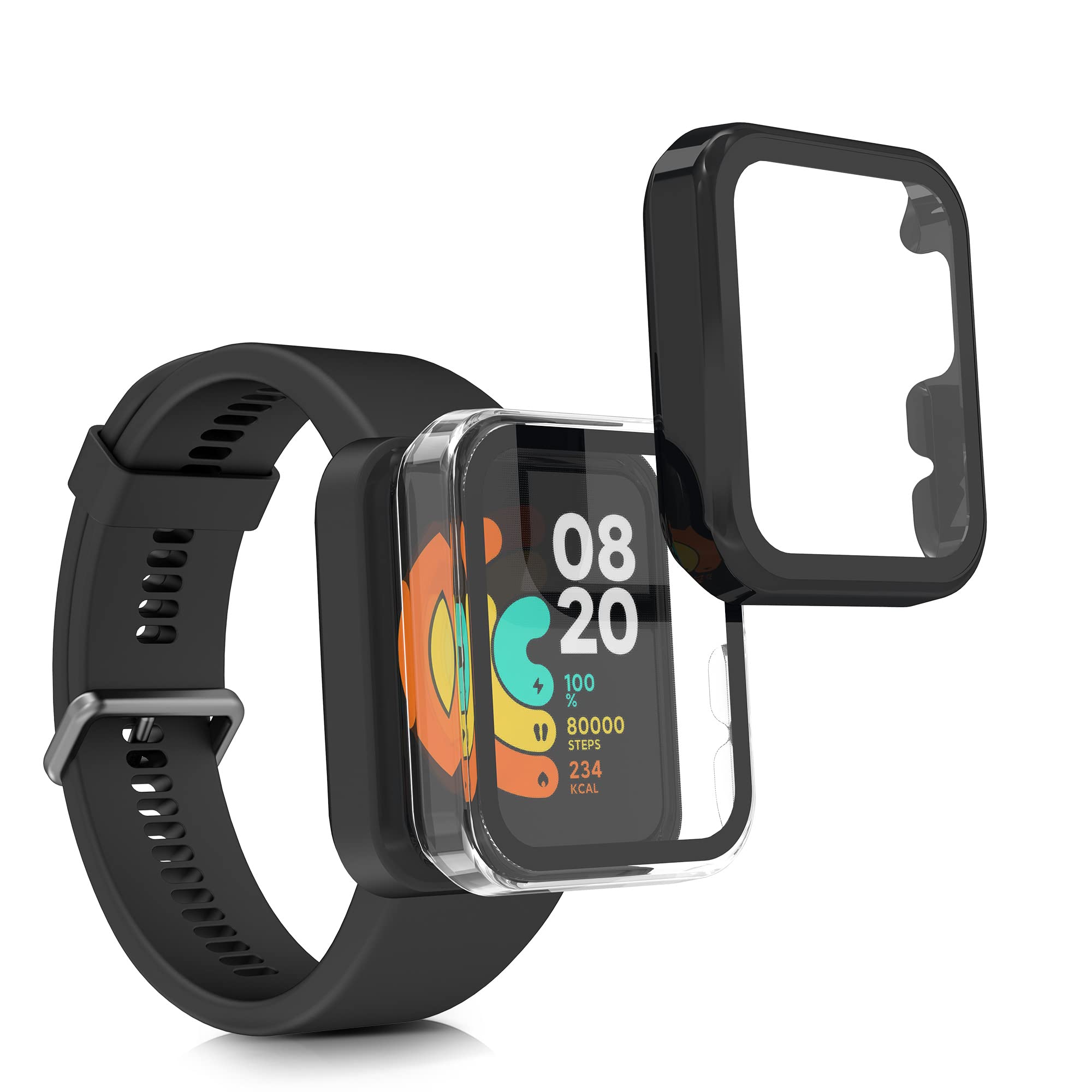 kwmobile Cover Compatible with Xiaomi Mi Watch Lite/Redmi Watch Covers - 2x Tempered Glass with Plastic Frame - Transparent/Black
