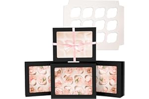 BAKEPACKER 12 Cupcake Containers 20-Packs Black Cupcake Box Cupcakes Carrier, 12 Cupcake Boxes with Window 13"x10"x3.5"（Auto-pop up）