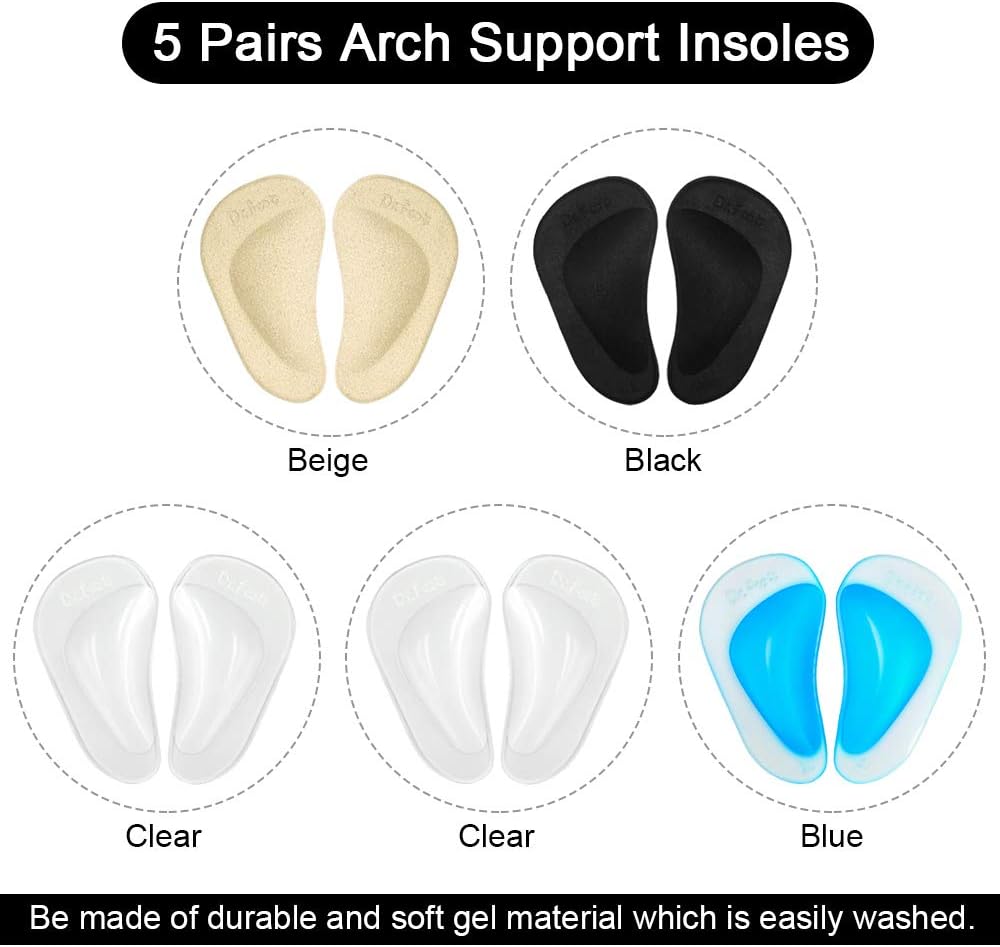 Dr. Foot Plantar Fasciitis Arch Support Shoe Insoles 5 Pairs, Thicken Gel Arch Pads for Flat Feet - Self-Adhesive Arch Cushions Inserts for Men and Women (Clear*2+Black+Beige+Blue): Health & Personal Care