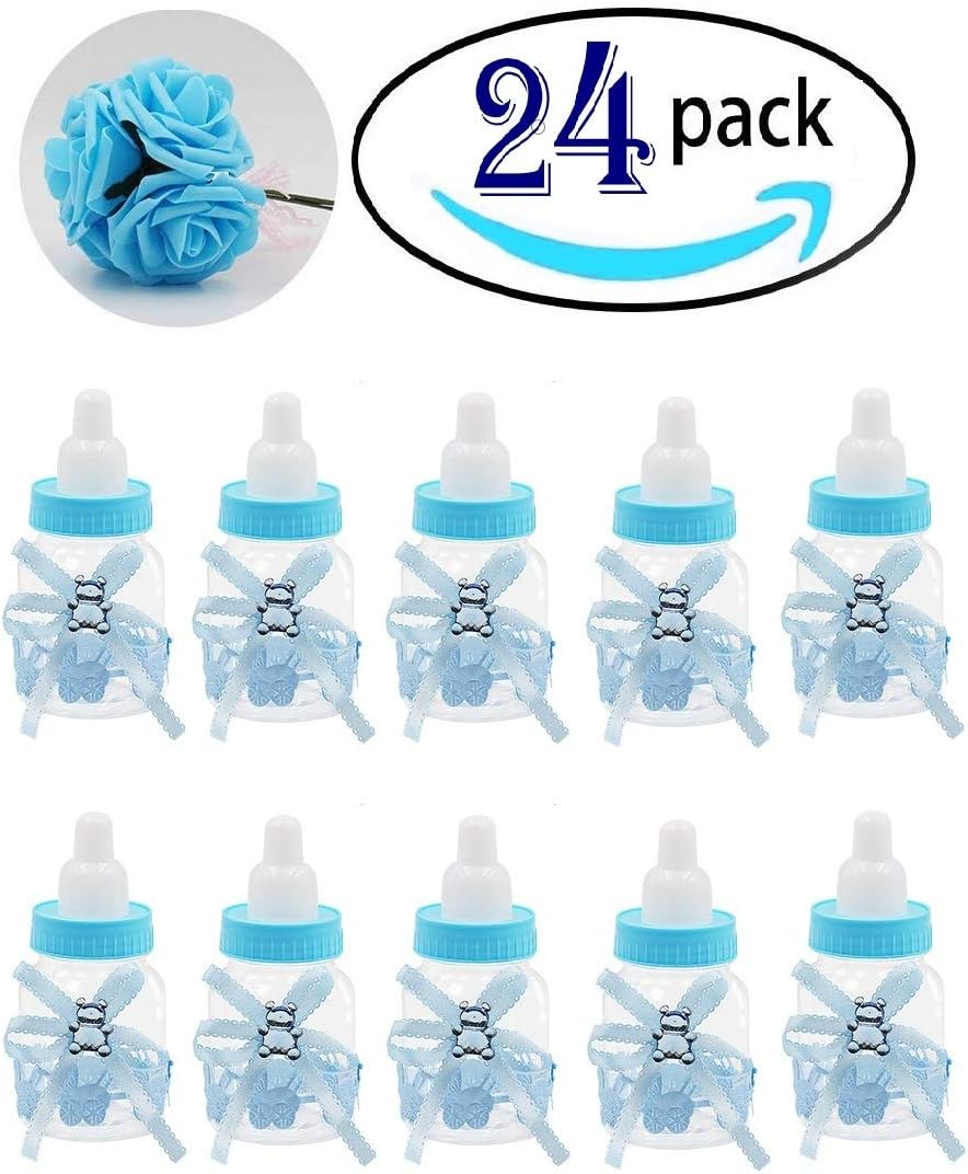 Baby bottles for Baby shower, 24Pcs Mini boy Baby shower favors Candy Bottle with 5Pcs Artificial Rose for Newborn Baby Baptism Party, baby shower party décor,Blue,Noex Direct (Bottle Rose-2)