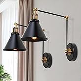 LALUZ Black Wall Sconces Lighting, 2 Pack Modern Industrial Swing Arm Plug in or Hardwired Adjustable Wall Lamp with Antique 