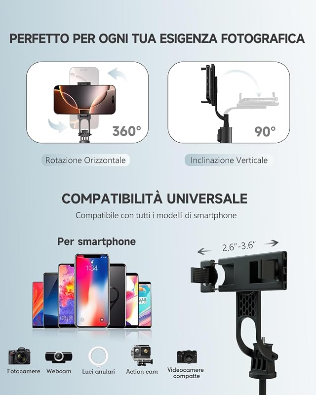 180cm Treppiede Smartphone, Bastone Selfie con Telecomando Wireless, Treppiede Portatile Estensibile per Smartphone Supporto Telefono Compatibile con iPhone/Samsung/GoPro/Camera