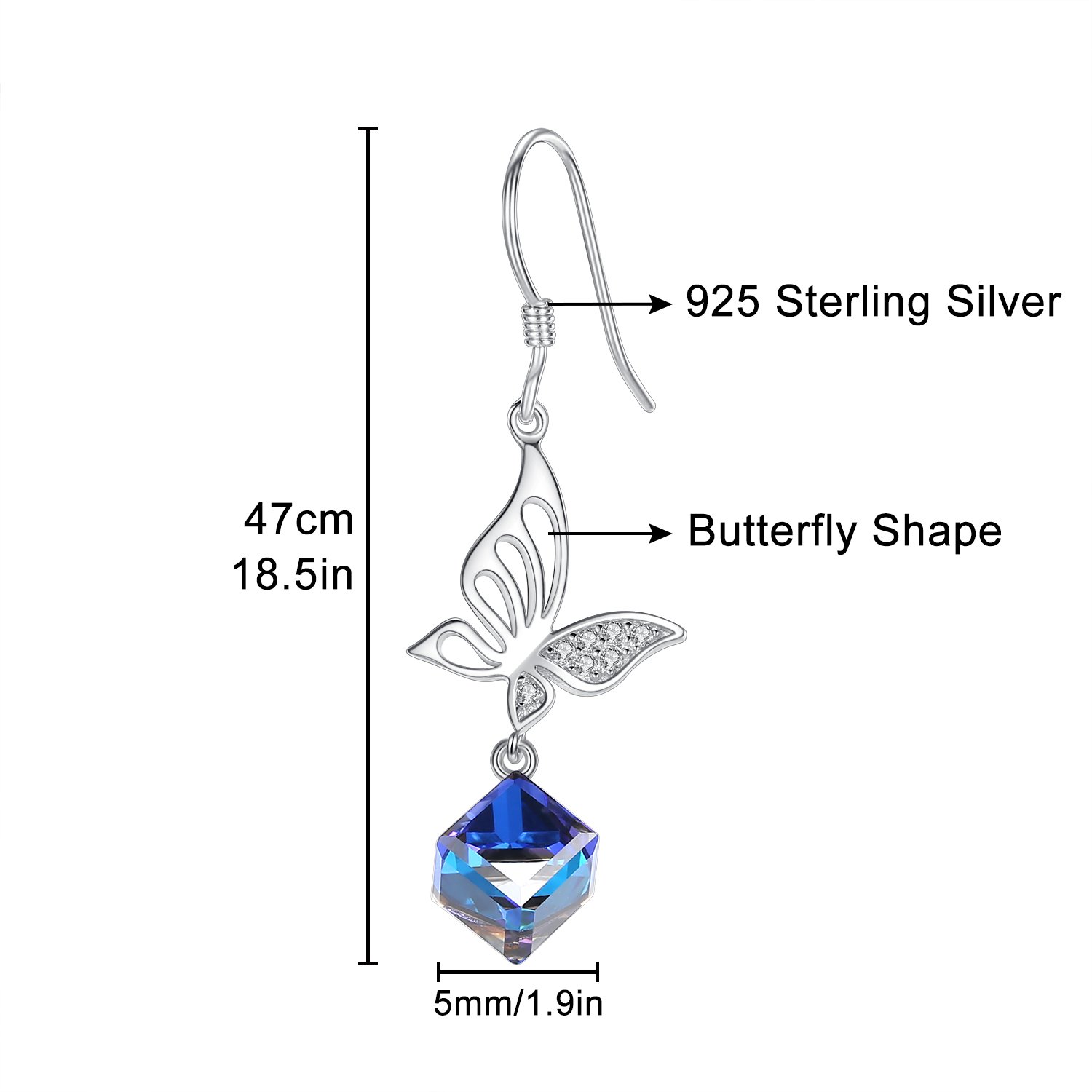 925 Sterling Silber lange Schmetterlings-Ohrringe Blau Kristall Tropfen Baumeln Ohrringe für Damen Schmuck Geschenk