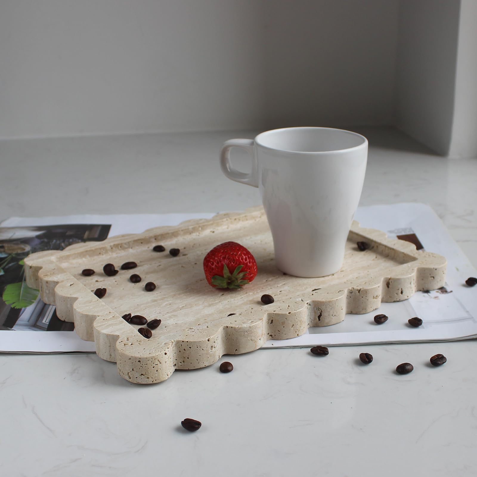 Natural Beige Travertine Scalloped Marble Tray, Luxury Vanity for Bathroom Kitchen Counter, Decorative Tray for Dresser Home Decor, Plate Holder for Tissues, Candles, Towel