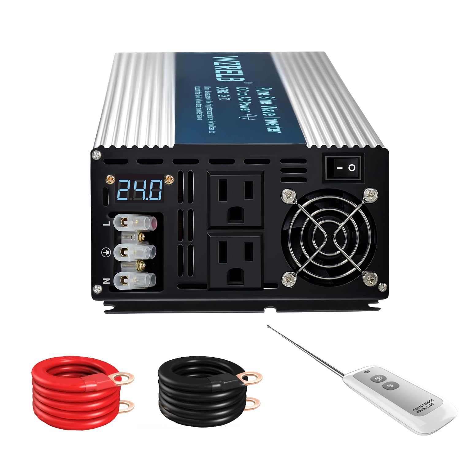 WZRELB 3000W Pure Sine Wave Inverter 24V DC to 110V 120V AC with LED Display,Remote Controller,Off-Grid Power Converter 6000W Surge with Dual AC Outlets, Hardwire Terminal for Home, RV, Truck, Camping