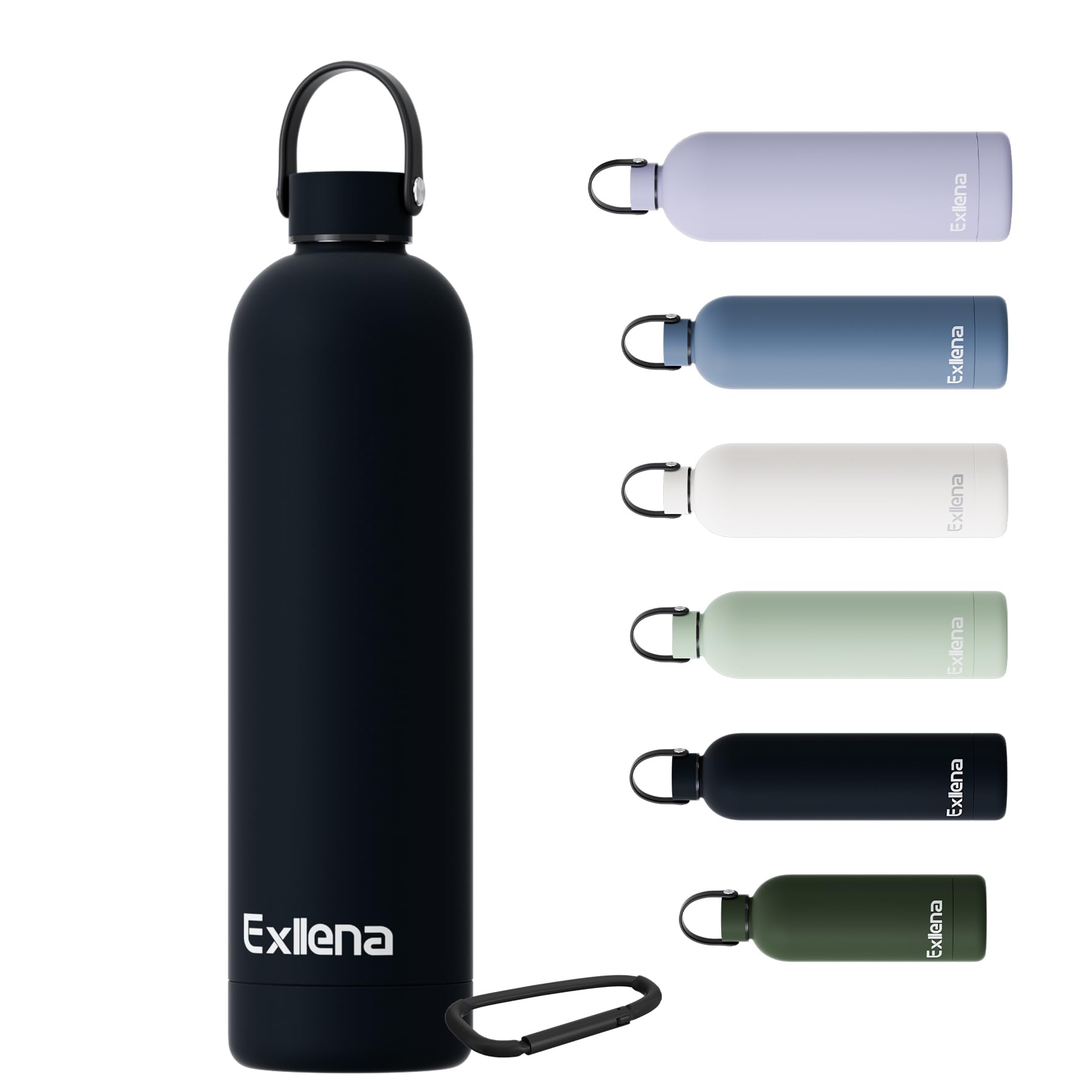 Exllena 1l Black Water Bottles Metal with Handle Lid and Carabiner, Double Wall Vacuum Drinks Bottle Keeps Drinks Cold 24 Hrs/Hot 12 Hrs, Stainless Steel Water Bottle BPA Free(Black)