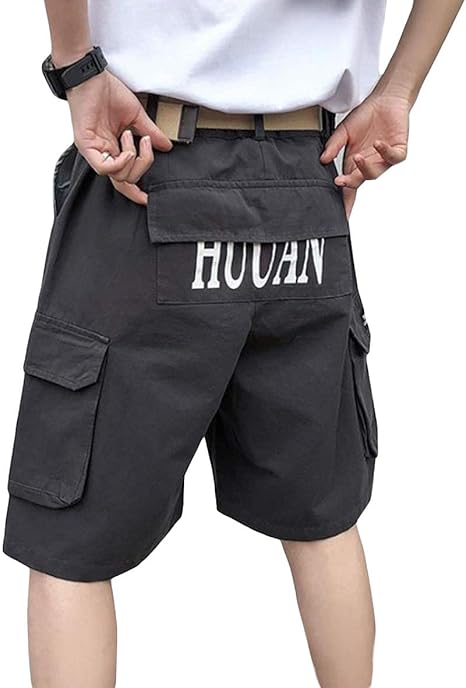 Amazon Bscool ハーフパンツ メンズ ゆったり 半ズボン プリント ストリート ショートパンツ ファッション 短パン カジュアル ユニセックス カーゴパンツ ショーパン 夏 E黒 ショートパンツ 通販